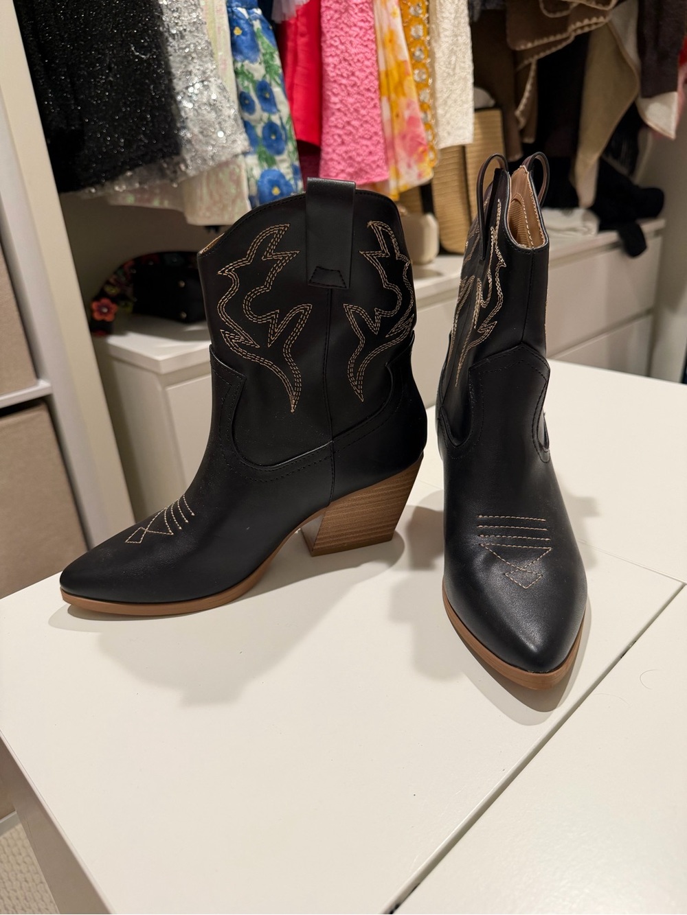 Soda Black Western Ankle Boots with Tan Stacked Heel